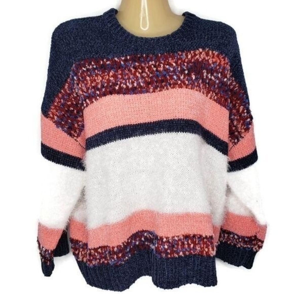 NEW Marc New York Andrew Marc Colorblock Fuzzy Sweater Navy Multi Coral White M‎